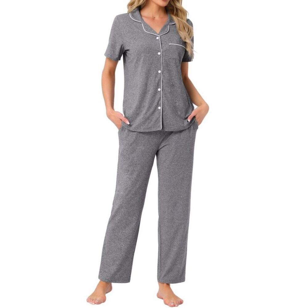 Women's 2 Piece Short Sleeve Shirt & Pants Pajama Set Deep Grey XS